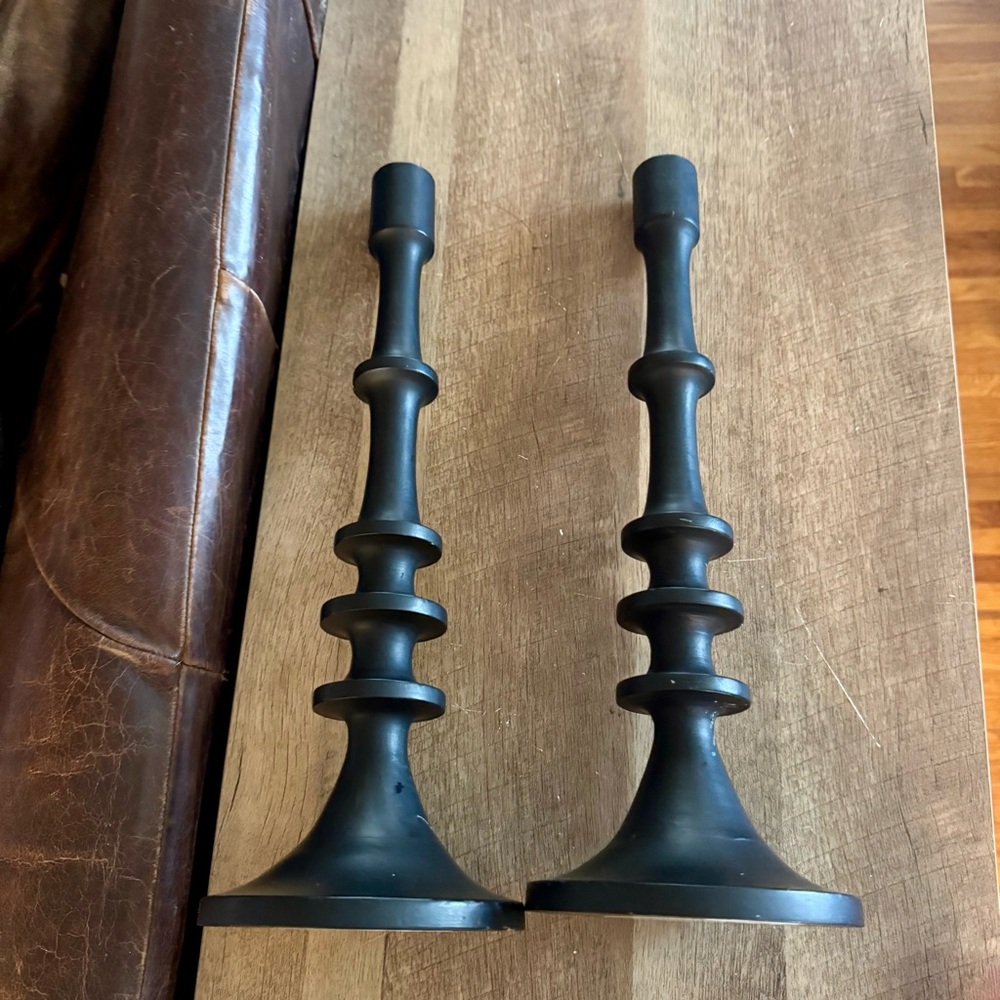 Cost Plus World Market Black Mango Wood Ringed Taper Candle Holder Matte 16"